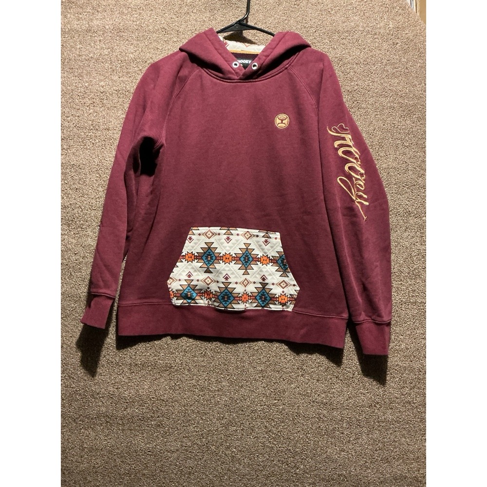 Hooey Hoodie Burgundy Aztec Print Embroidered Sleeve XL